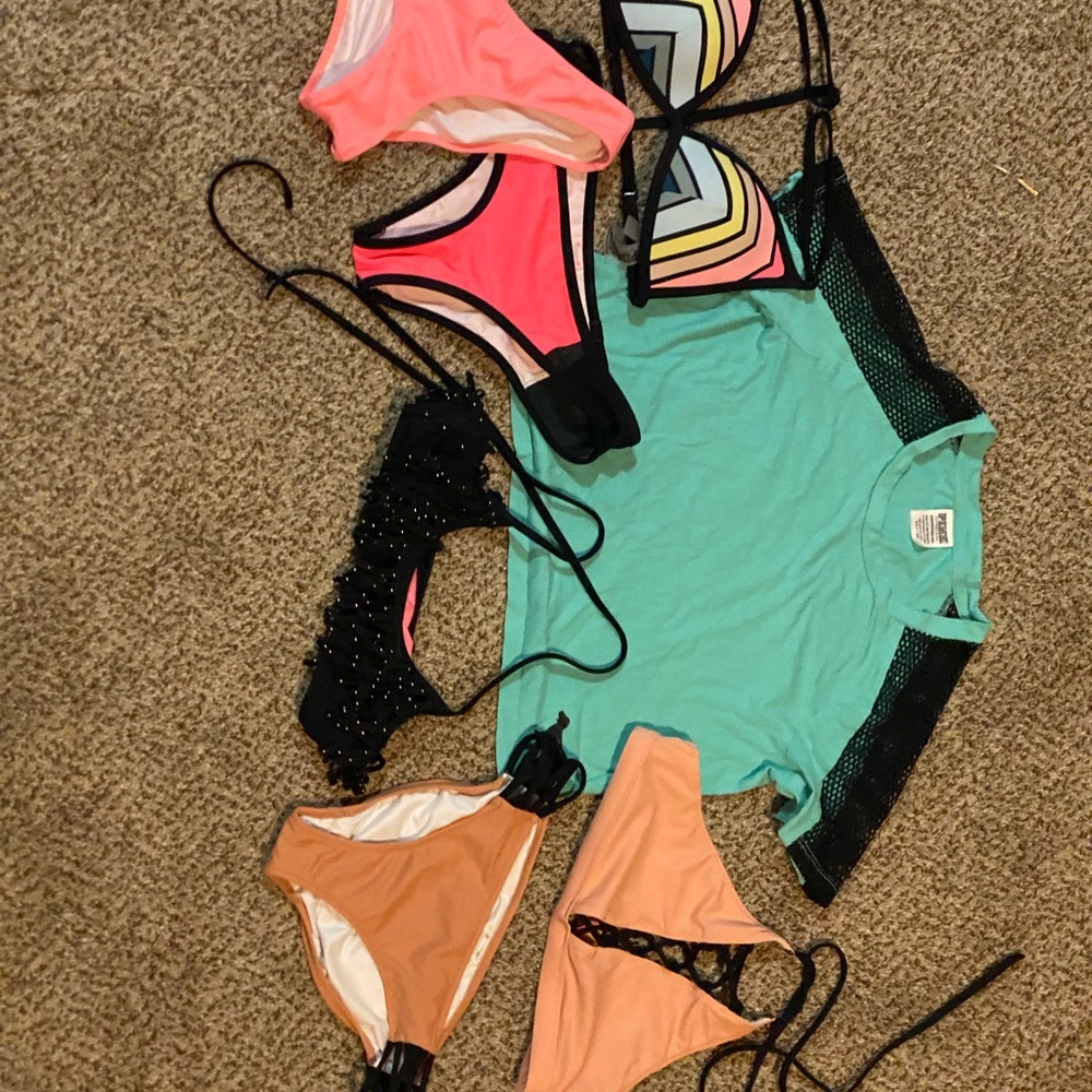 PINK Victoria's Secret Pink and Tan Bikini Set plus cover up shirt